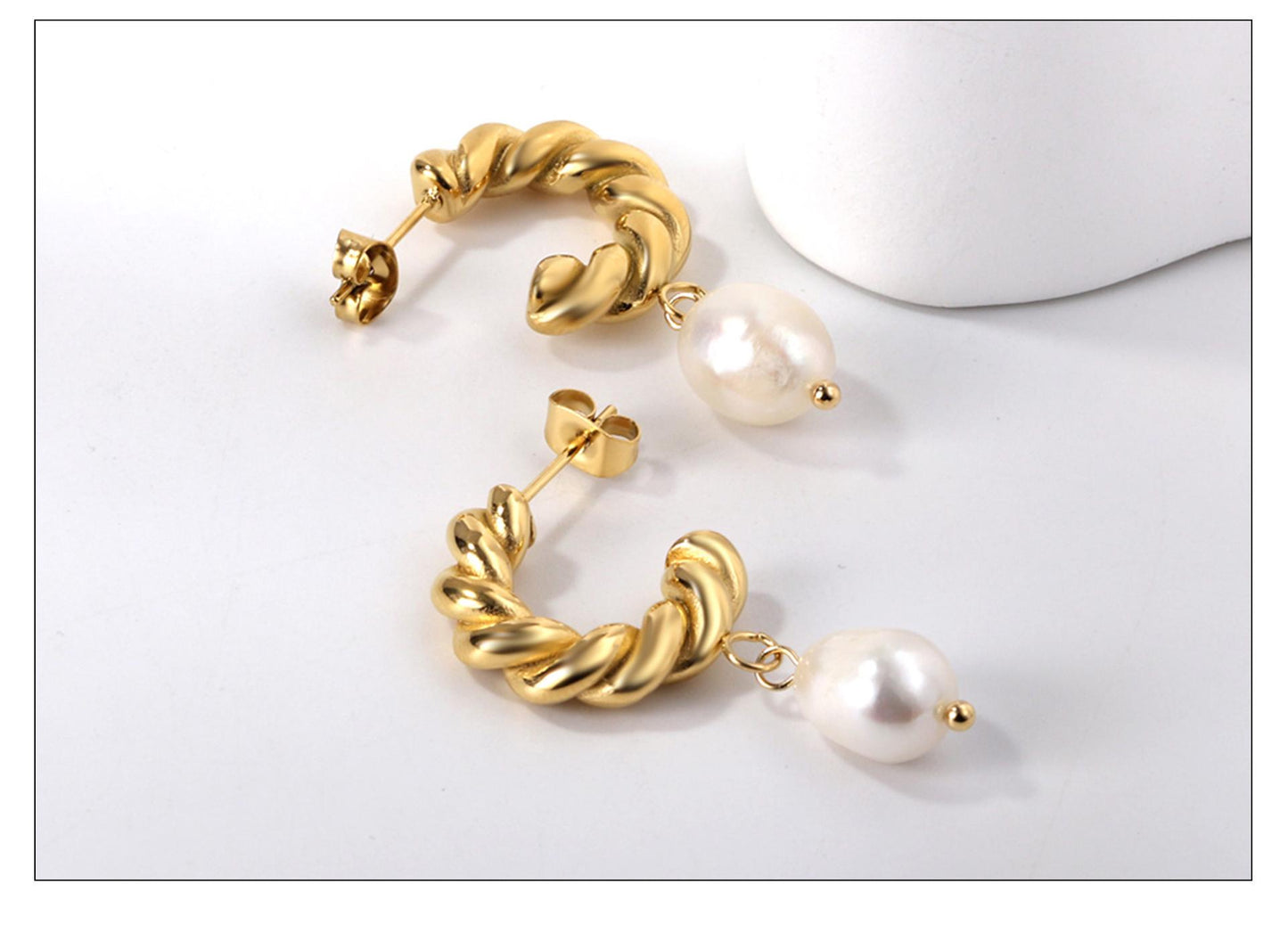 18K Gold Plated Twisted Hoop Earrings with Baroque Pearl – Elegant, Hypoallergenic, Stainless Steel Jewelry / Gift for Her / Birthday Gift