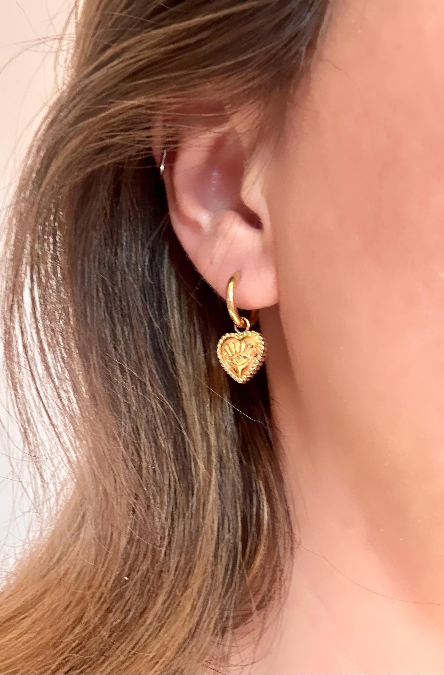 Gold Hoop Huggie Earrings ā Dainty Evil Eye Heart Jewelry, Statement Waterproof Hypoallergenic Gift for Her