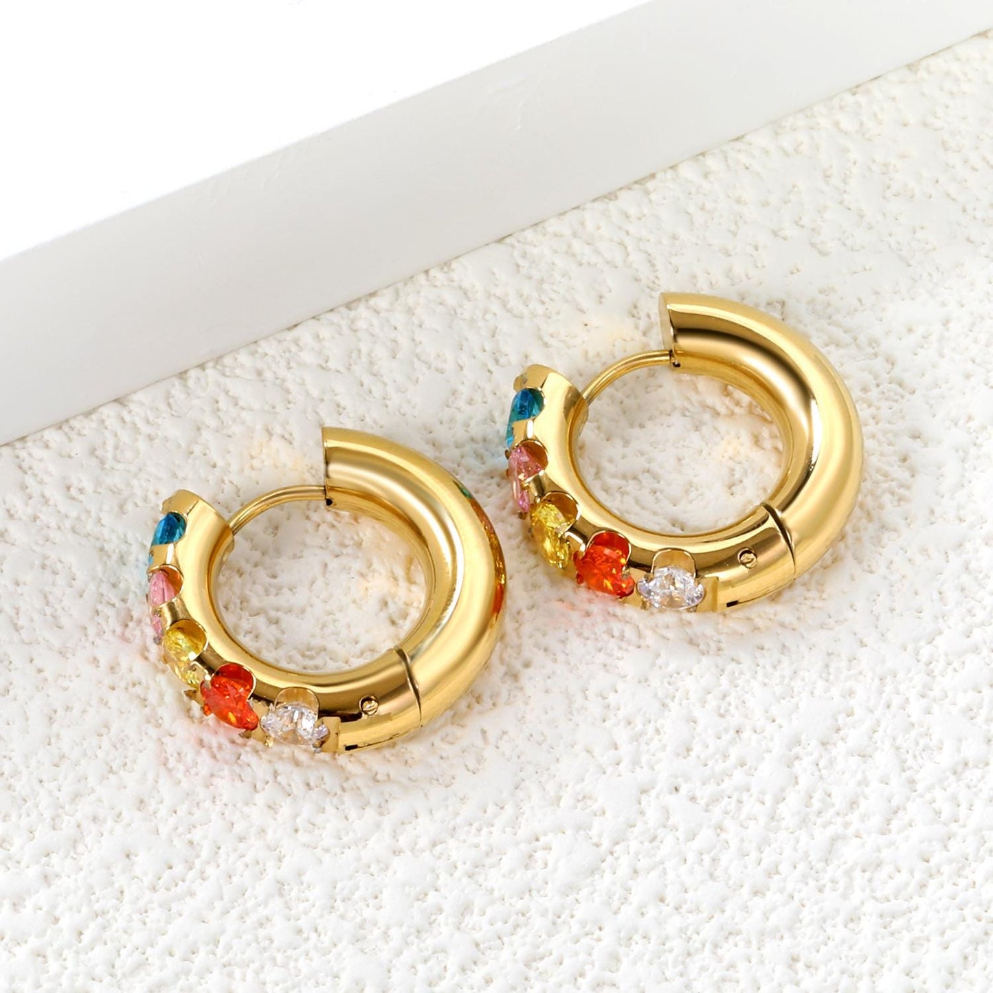 Sparkling 18K Gold-Plated Hoop Earrings with Vibrant Colorful Stones – Chic, Trendy, & Hypoallergenic Jewelry - Elegant Jewelry for Her