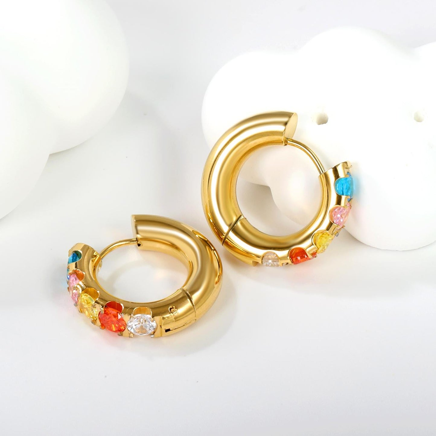 Sparkling 18K Gold-Plated Hoop Earrings with Vibrant Colorful Stones – Chic, Trendy, & Hypoallergenic Jewelry - Elegant Jewelry for Her