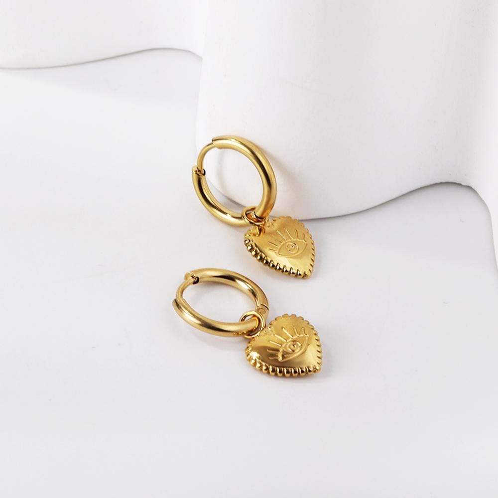 Gold Hoop Huggie Earrings ā Dainty Evil Eye Heart Jewelry, Statement Waterproof Hypoallergenic Gift for Her