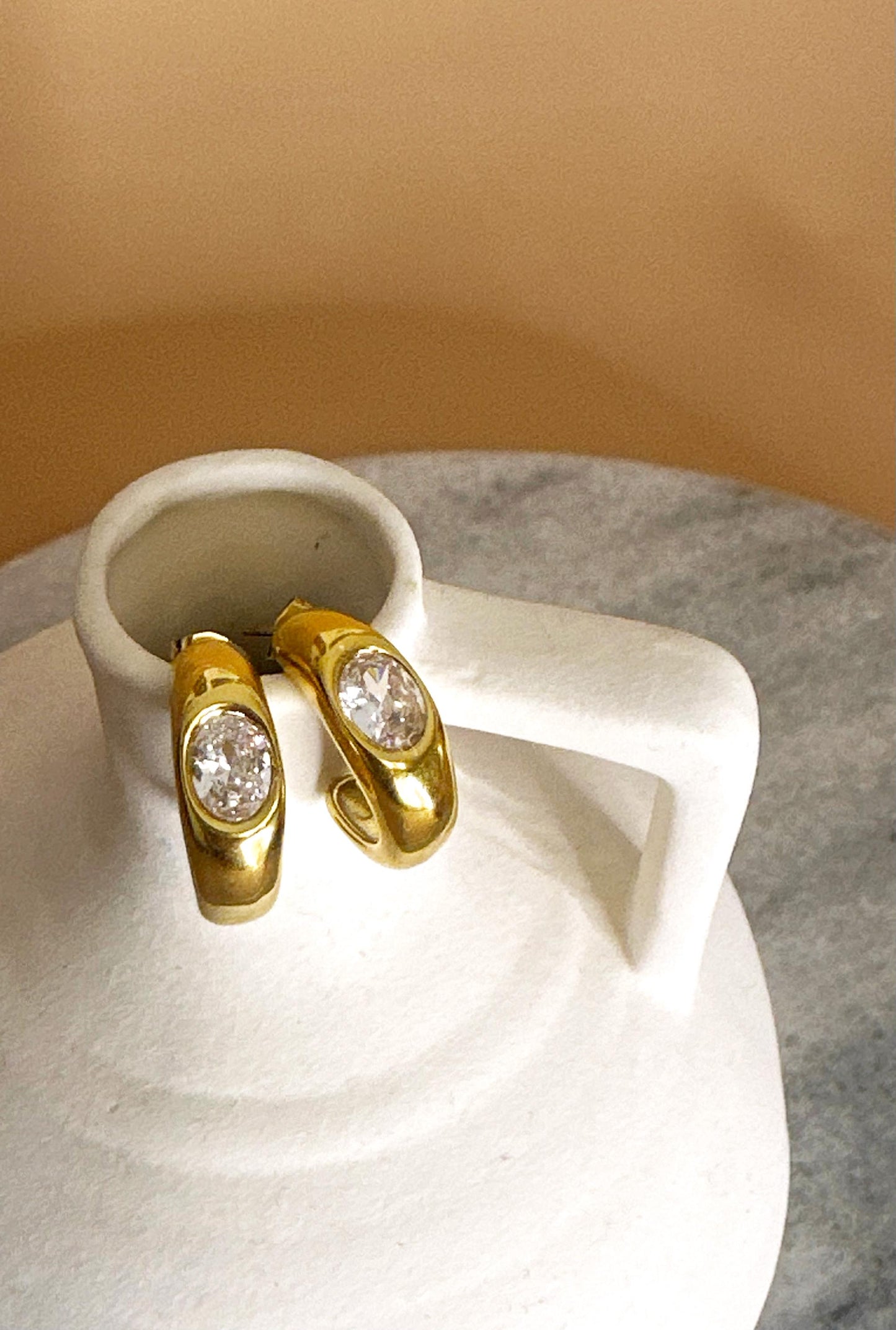 18K Gold Plated Oval Hoop Earrings: Crystal Stone, Hypoallergenic Stainless Steel