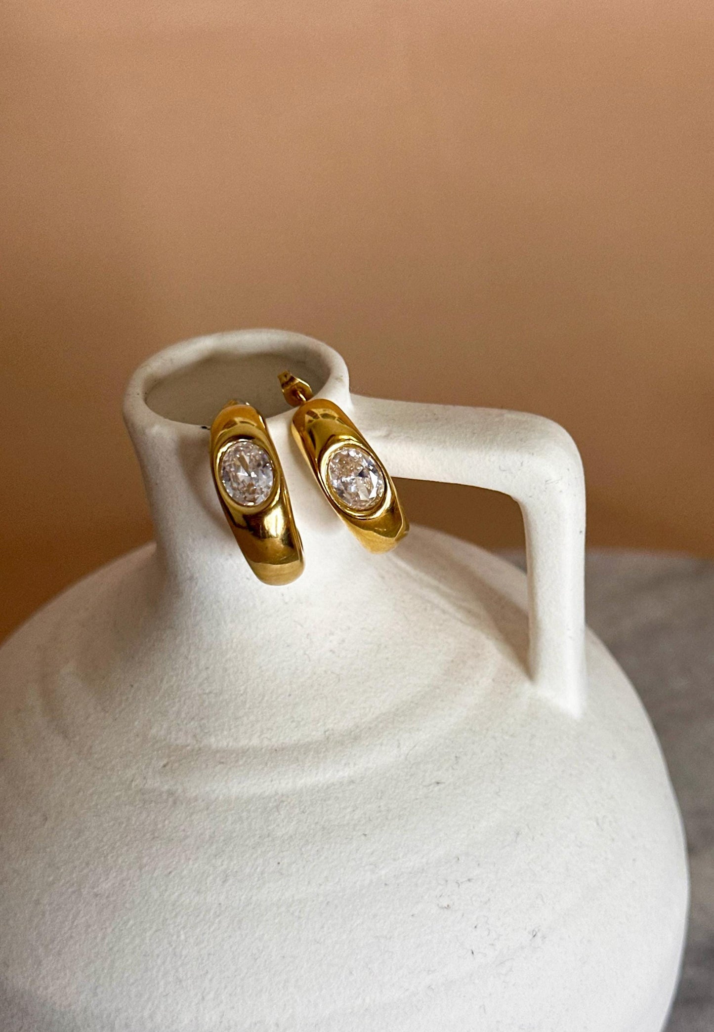 18K Gold Plated Oval Hoop Earrings: Crystal Stone, Hypoallergenic Stainless Steel