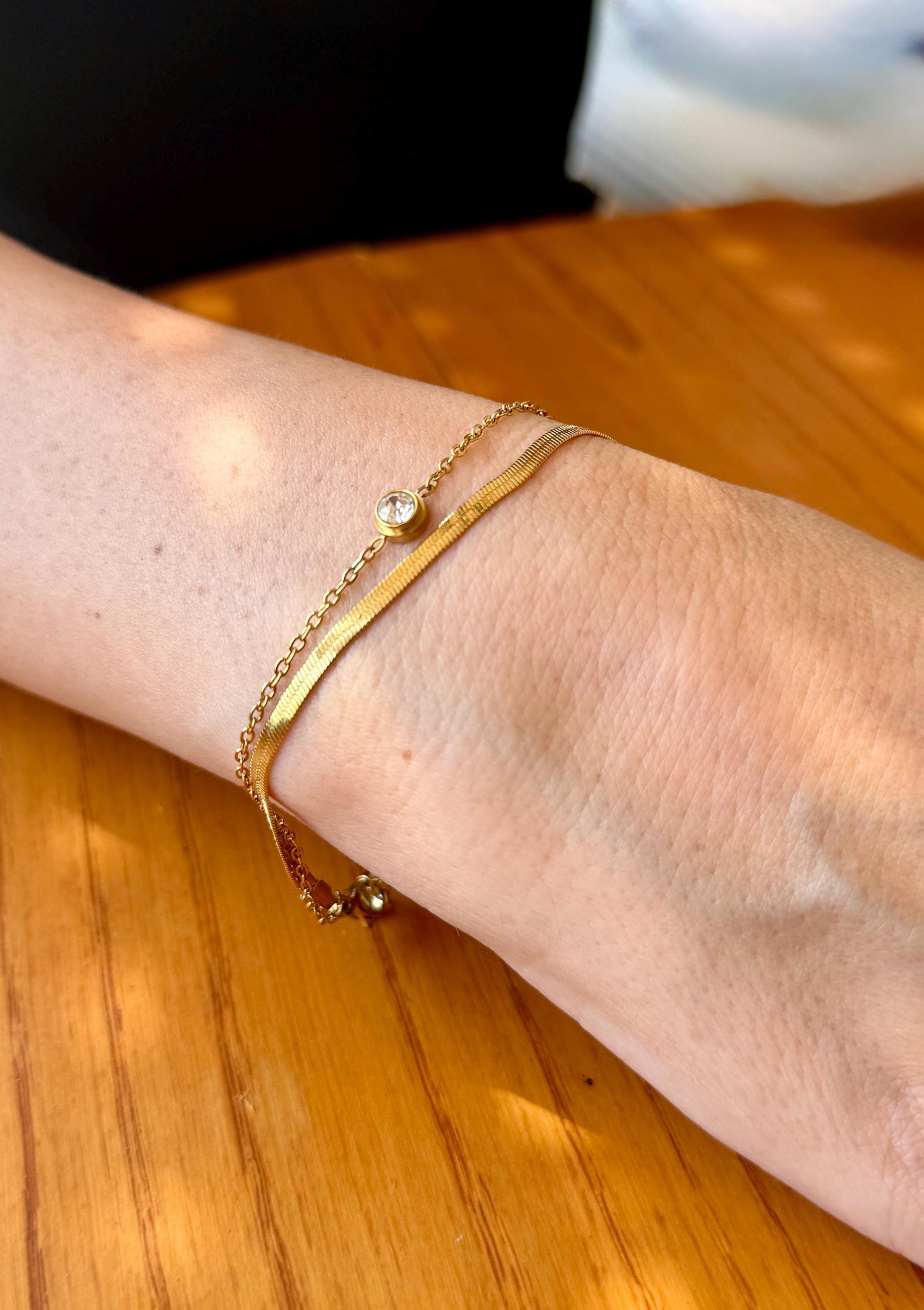 Layered Gold Bracelet: Stainless Steel Double Chain Crystal Charm