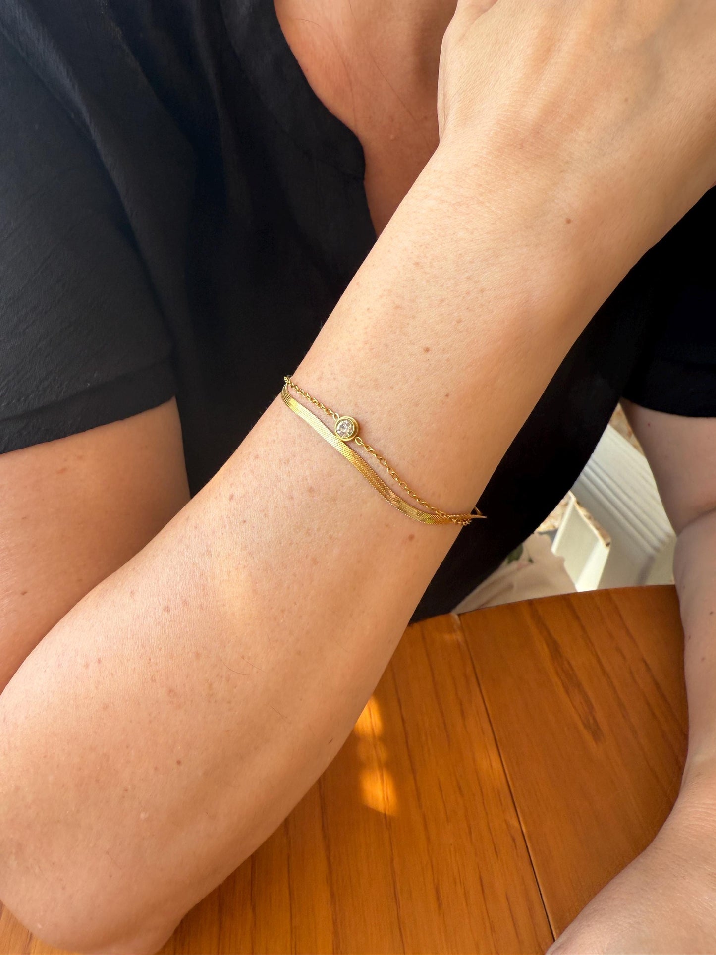 Layered Gold Bracelet: Stainless Steel Double Chain Crystal Charm