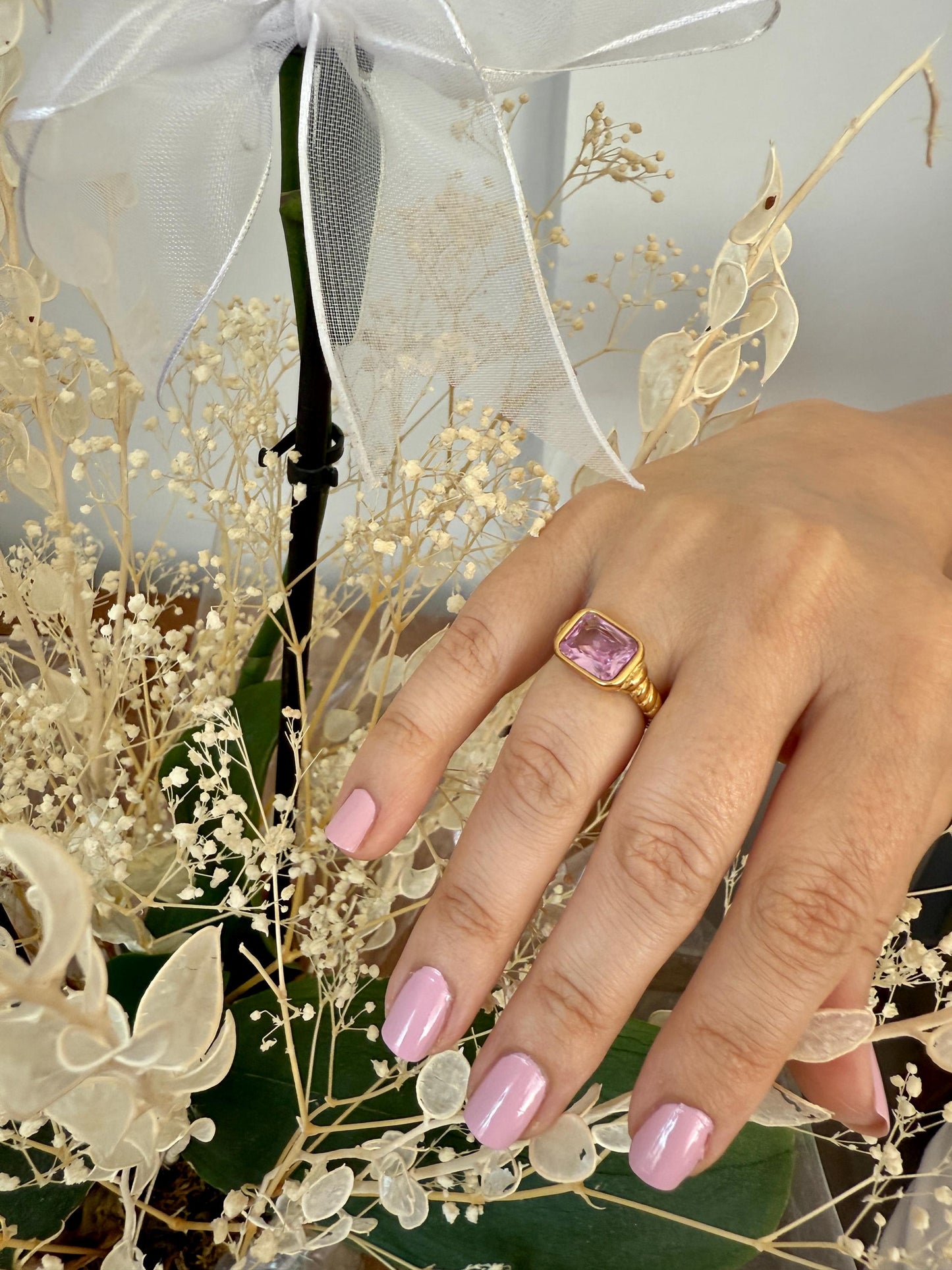 18K Gold Plated Statement Ring: Pink or Green Cubic Zirconia