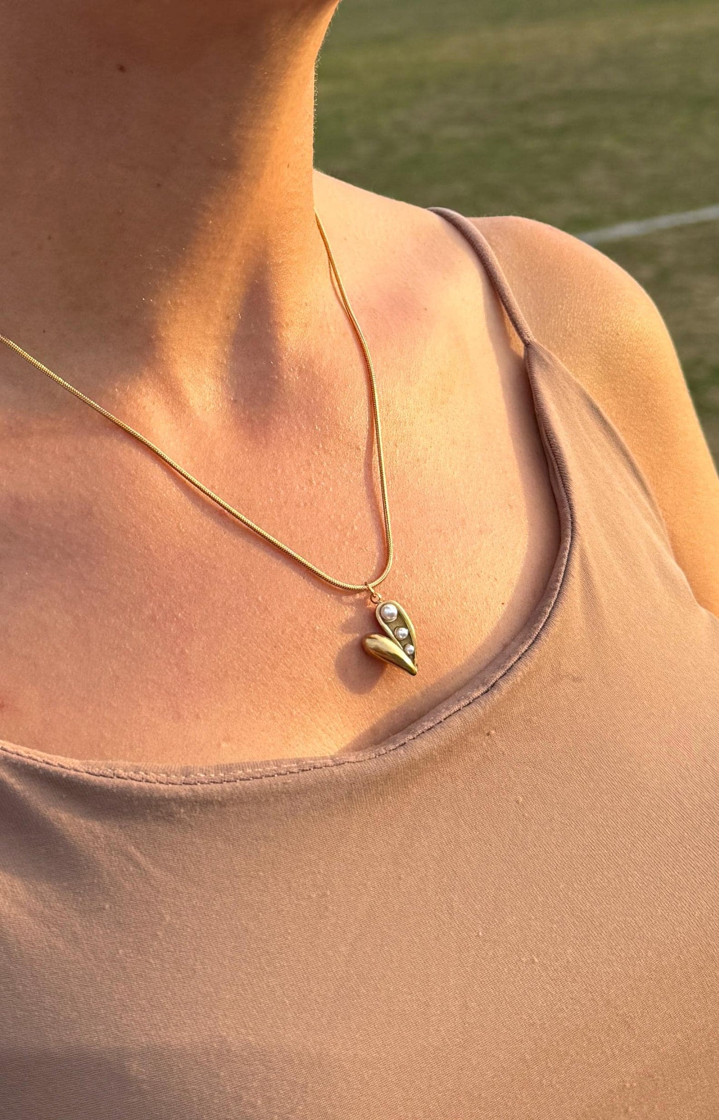 Gold Plated Heart Pendant Necklace: Pearl Accent, Stainless Steel