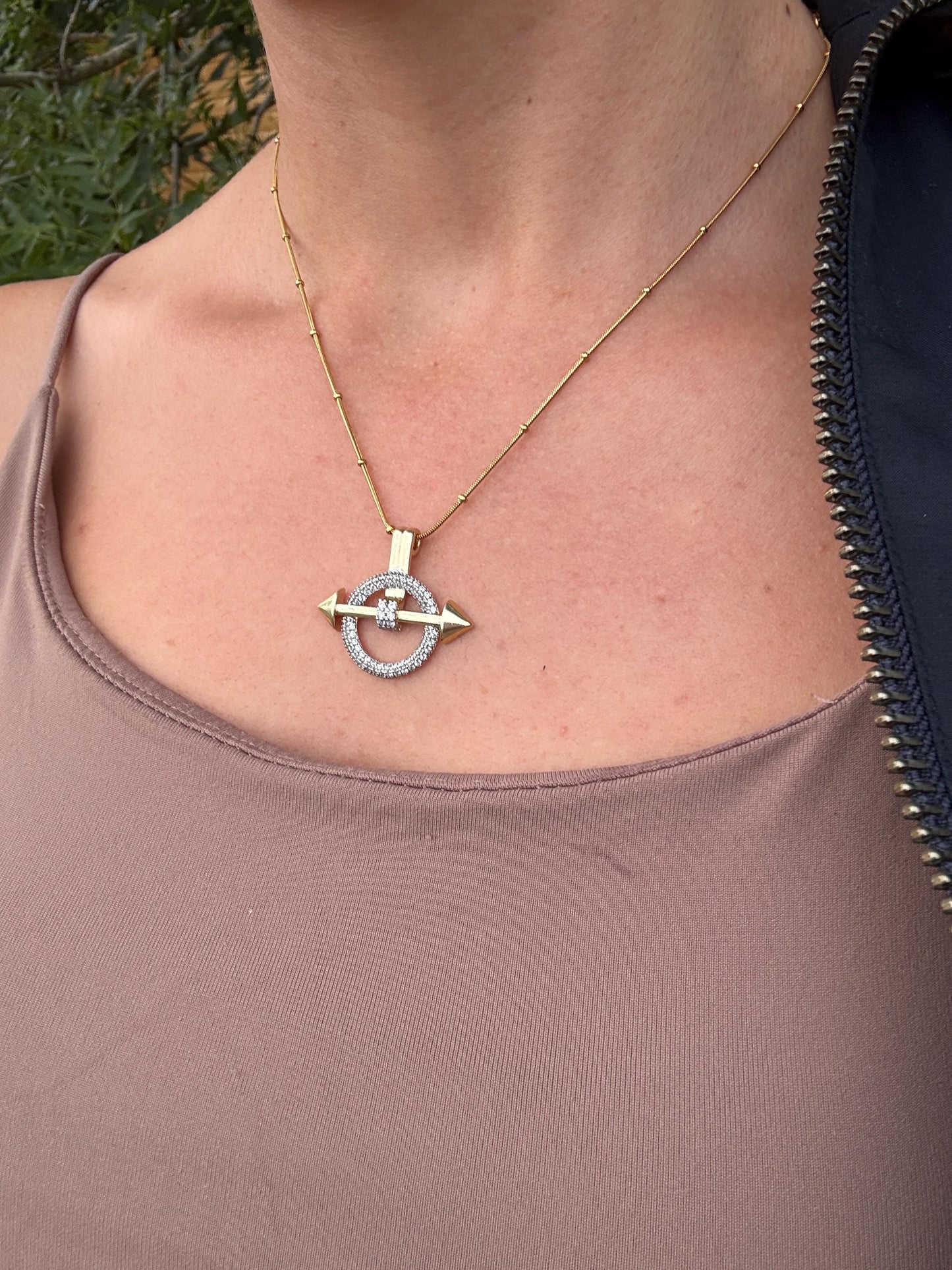 Gold Plated Arrow Pendant Necklace: Pavé Circle Charm, Stainless Steel