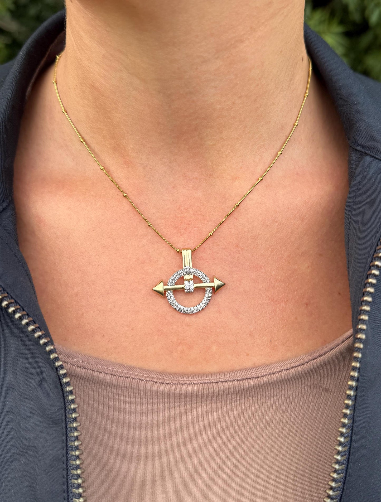 Gold Plated Arrow Pendant Necklace: Pavé Circle Charm, Stainless Steel