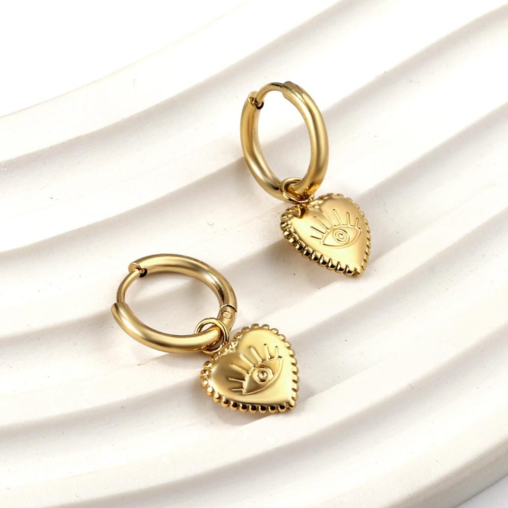 Gold Hoop Huggie Earrings – Dainty Evil Eye Heart Jewelry, Statement Waterproof Hypoallergenic Gift for Her
