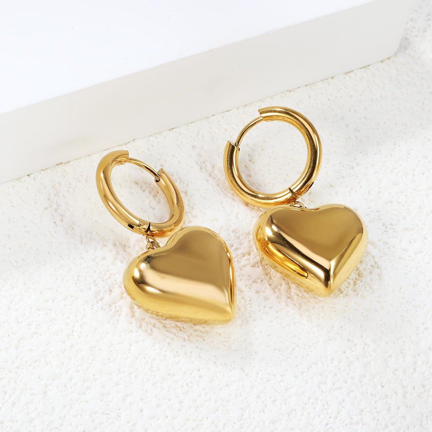 18k Gold Plated Chunky Hoop Earrings with Romantic Heart Charm - Minimalist Hypoallergenic Jewellery - Waterproof PVD Stainless Steel