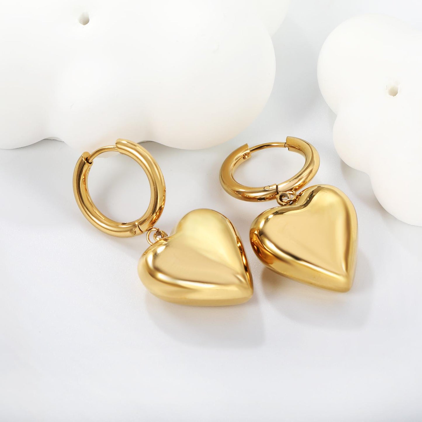 18k Gold Plated Chunky Hoop Earrings with Romantic Heart Charm - Minimalist Hypoallergenic Jewellery - Waterproof PVD Stainless Steel