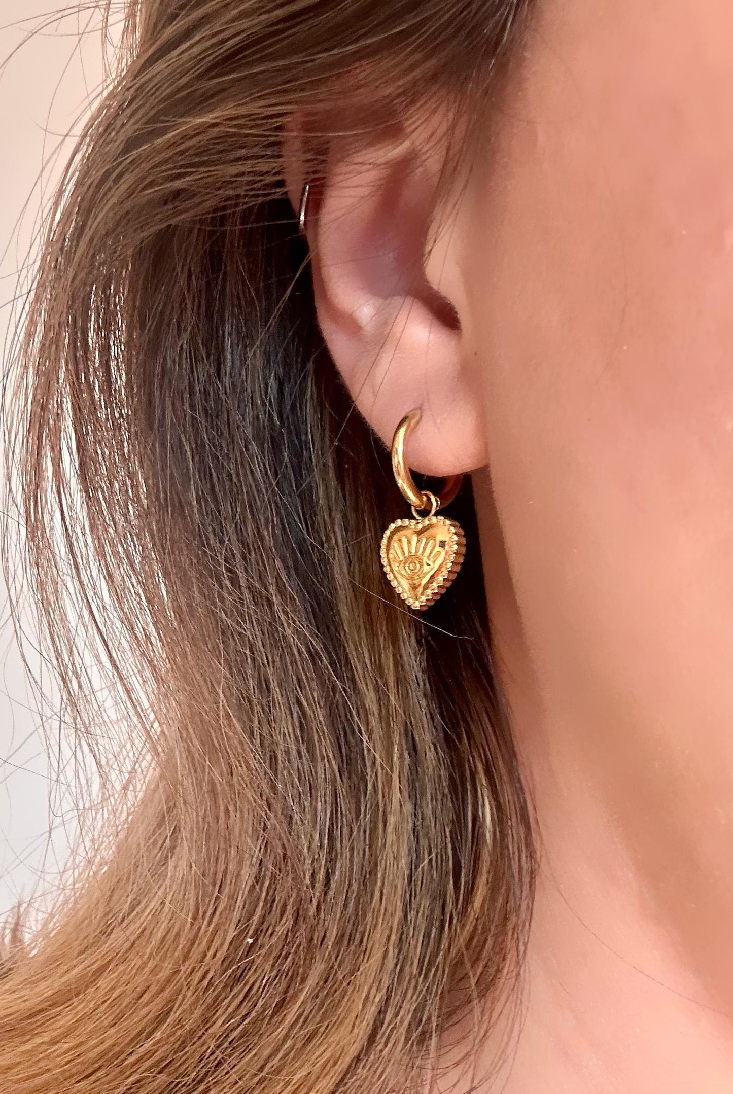 Gold Hoop Huggie Earrings – Dainty Evil Eye Heart Jewelry, Statement Waterproof Hypoallergenic Gift for Her