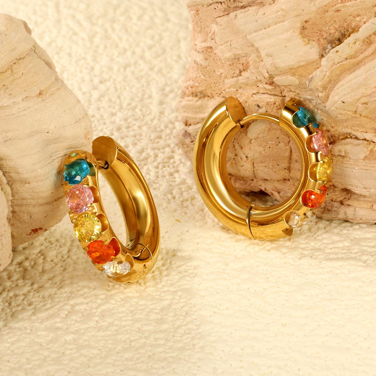 Sparkling 18K Gold-Plated Hoop Earrings with Vibrant Colorful Stones – Chic, Trendy, & Hypoallergenic Jewelry - Elegant Jewelry for Her