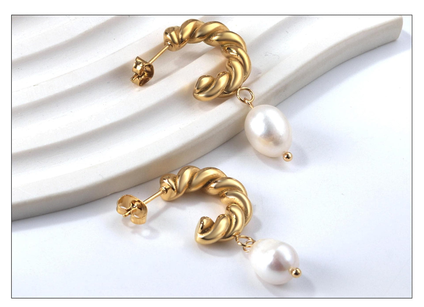 18K Gold Plated Twisted Hoop Earrings with Baroque Pearl – Elegant, Hypoallergenic, Stainless Steel Jewelry / Gift for Her / Birthday Gift