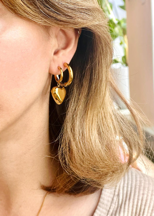 18k Gold Plated Chunky Hoop Earrings with Romantic Heart Charm - Minimalist Hypoallergenic Jewellery - Waterproof PVD Stainless Steel