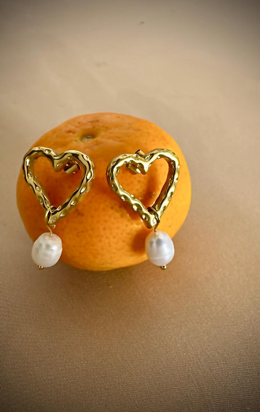 Pearl Drop Heart Hoop Earrings