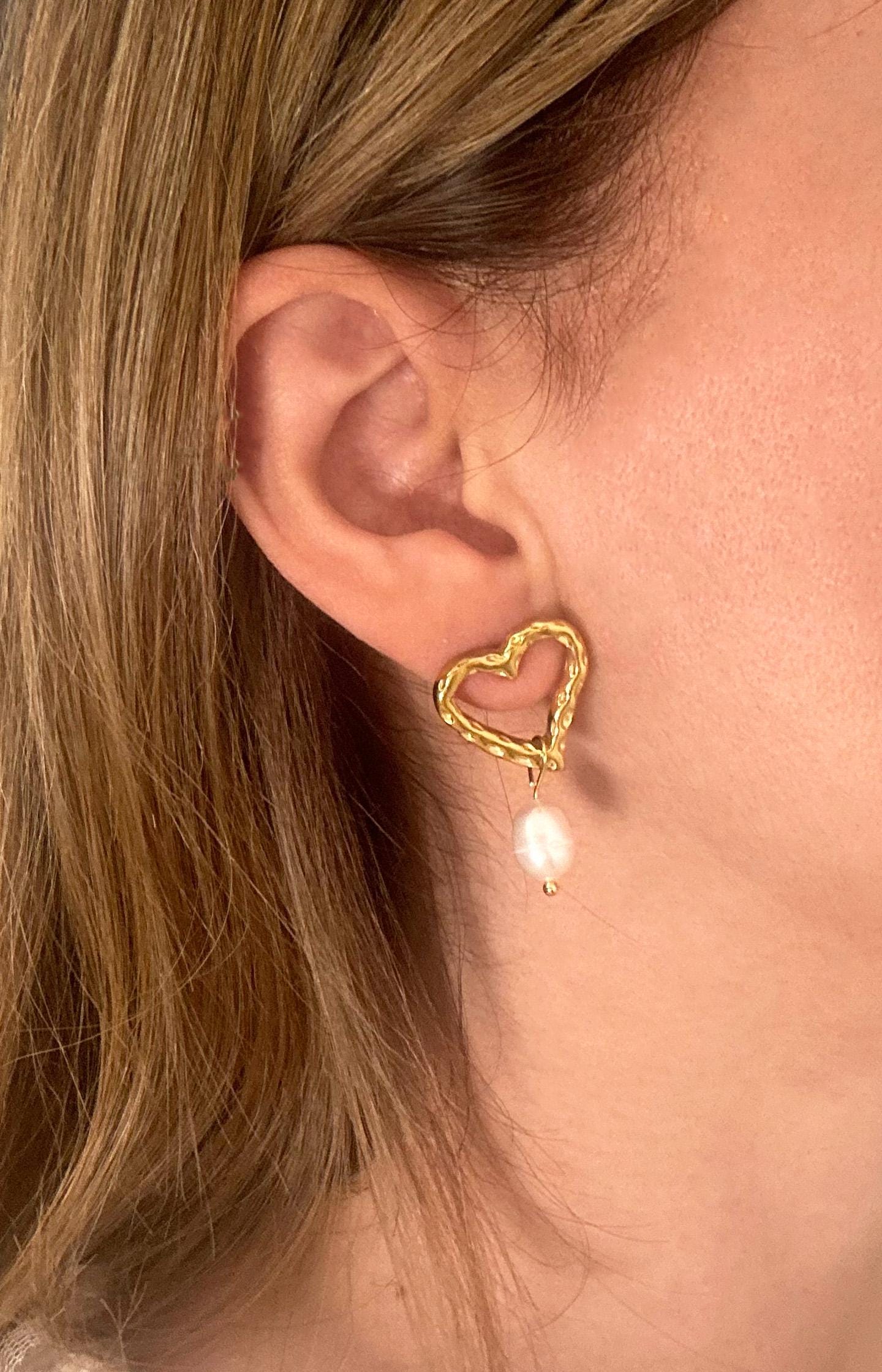 Pearl Drop Heart Hoop Earrings