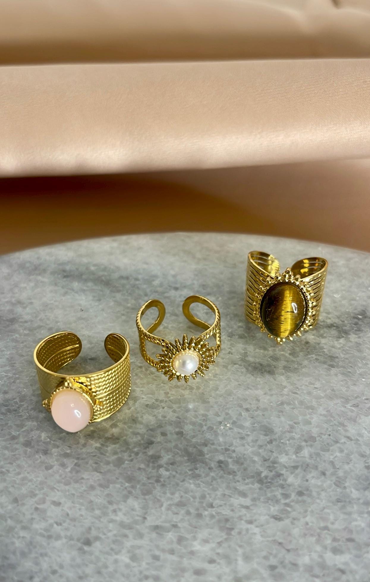 18K Gold Plated Gemstone Ring: Adjustable Open Cuff, Vintage Style