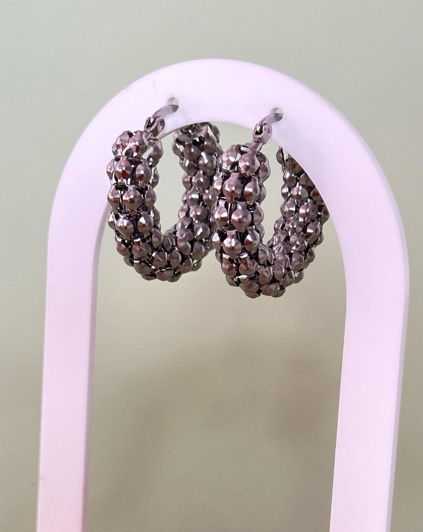 Silver Textured Hoop Earrings: