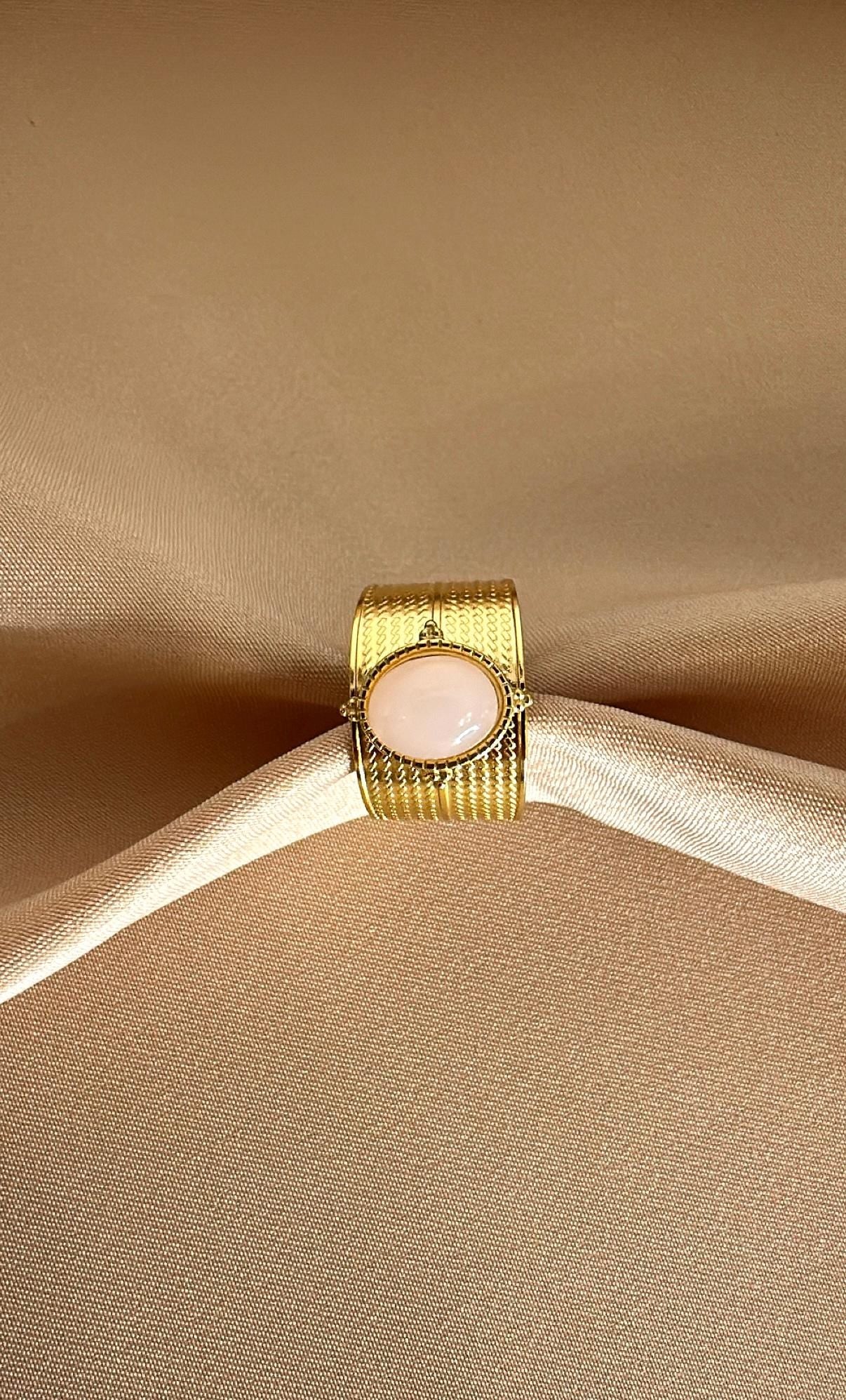 18K Gold Plated Gemstone Ring: Adjustable Open Cuff, Vintage Style