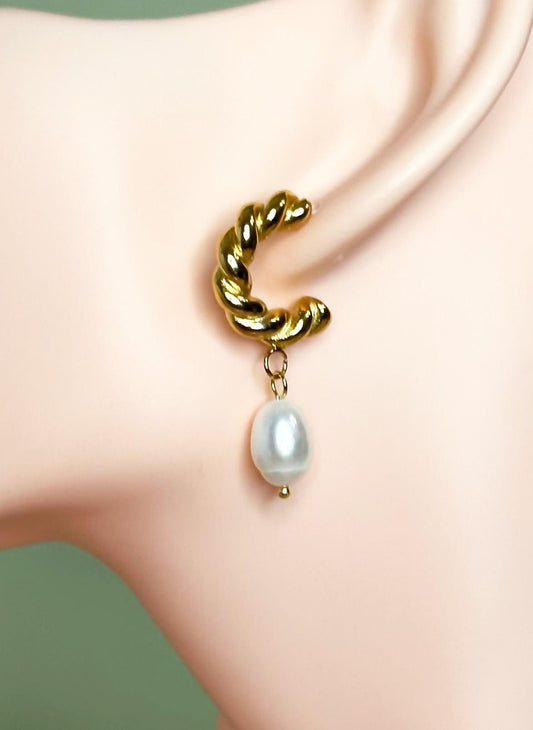Gold Plated Twisted Hoop Earrings with Baroque Pearl