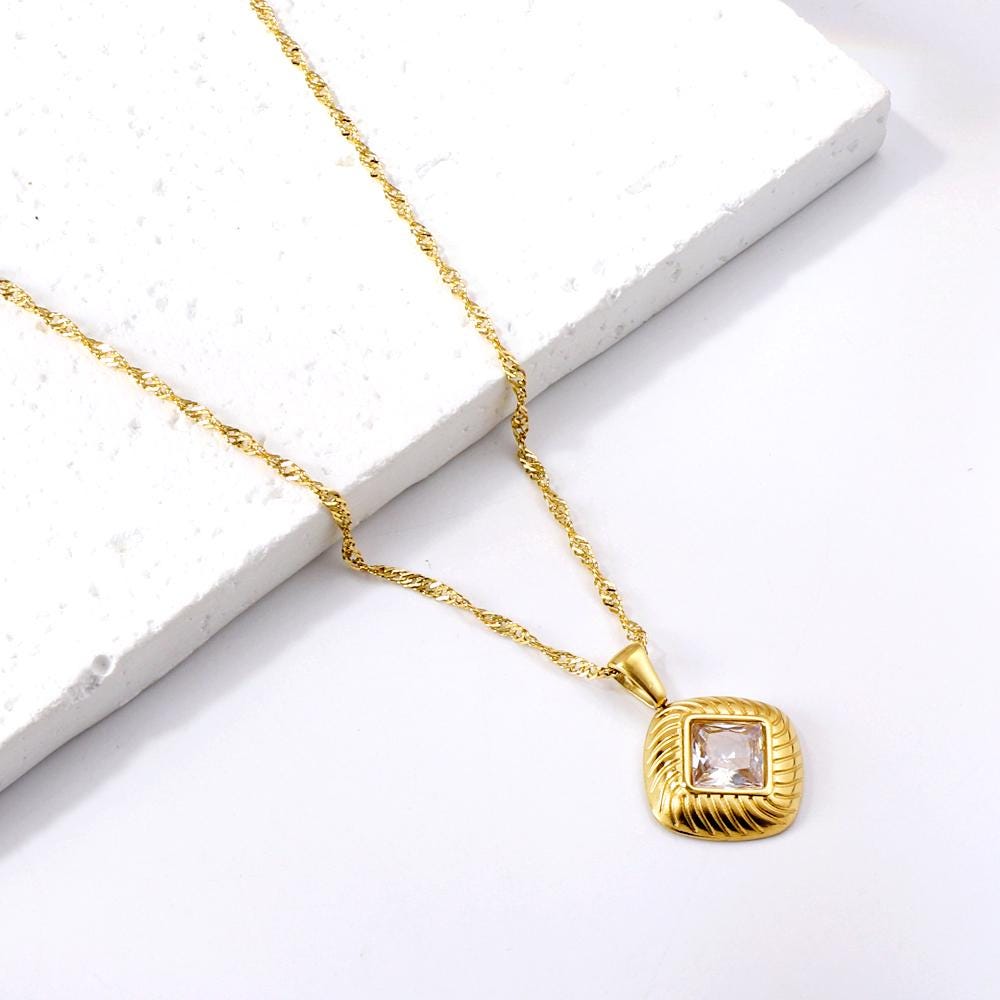 Crystal Square Pendant Chain Necklace