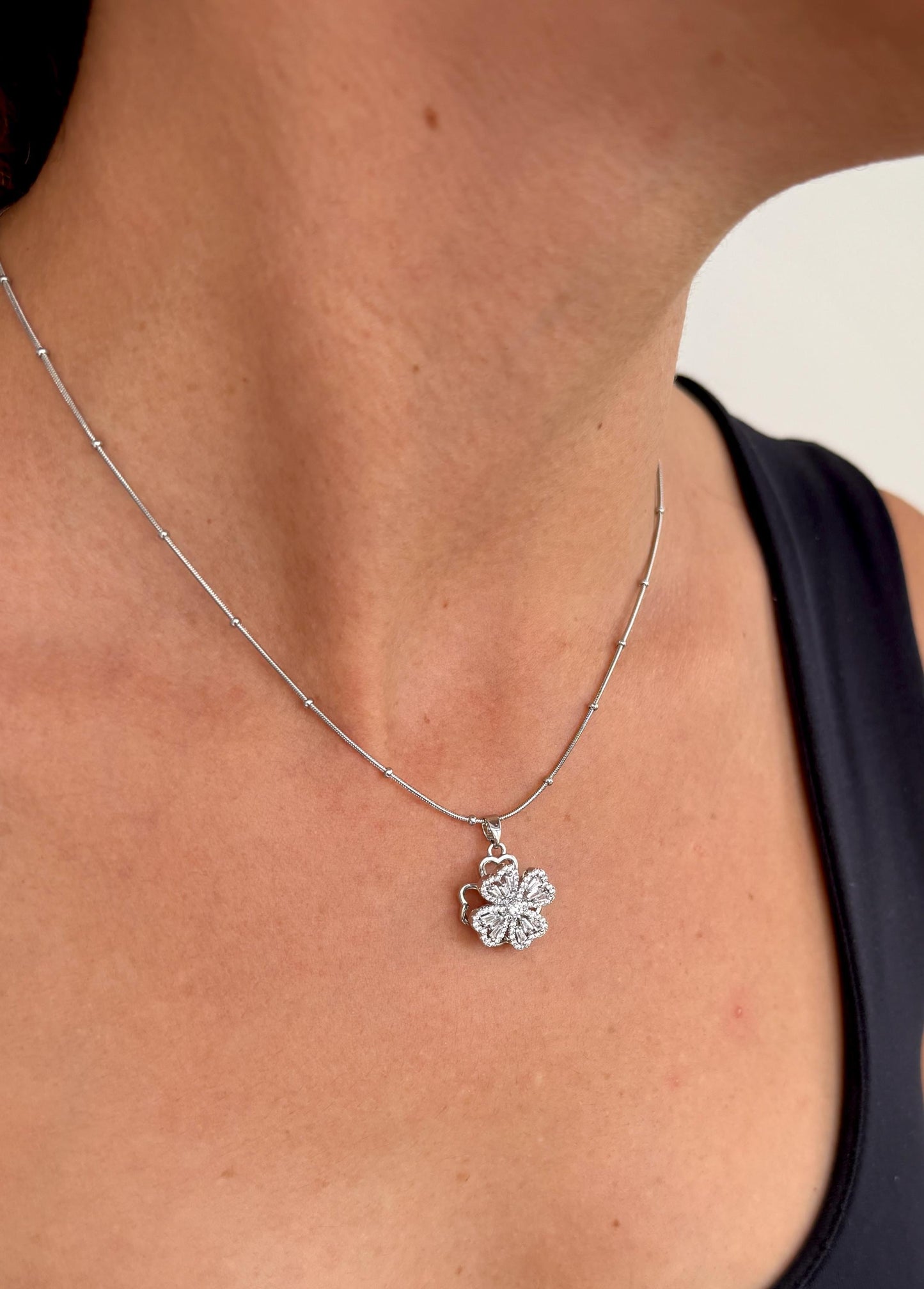 Rotating Four Leaf Clover Necklace: Stainless Steel Lucky Charm
