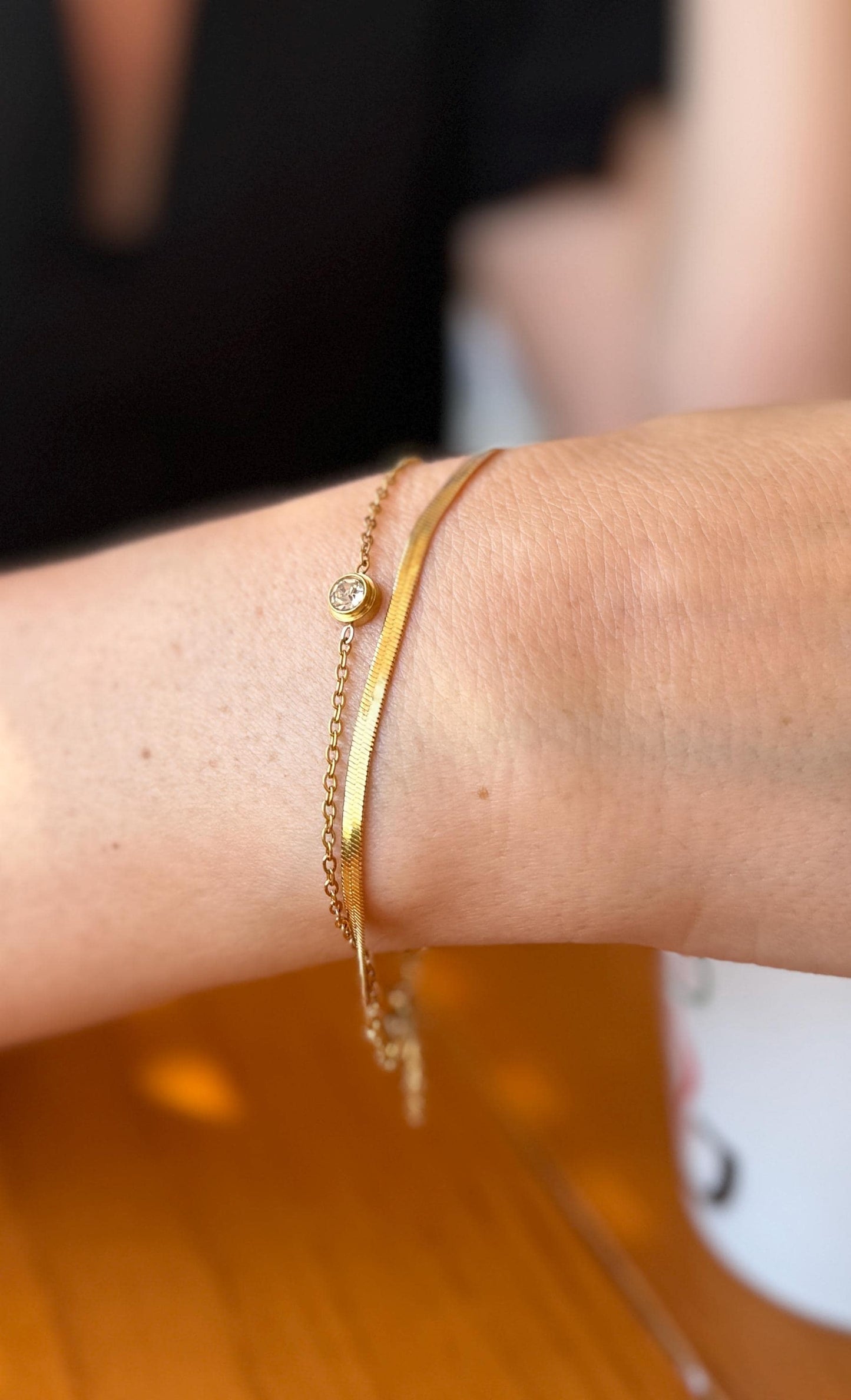 Layered Gold Bracelet: Stainless Steel Double Chain Crystal Charm