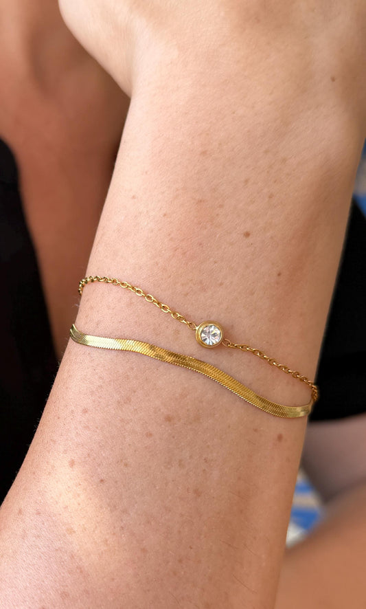 Layered Gold Bracelet: Stainless Steel Double Chain Crystal Charm