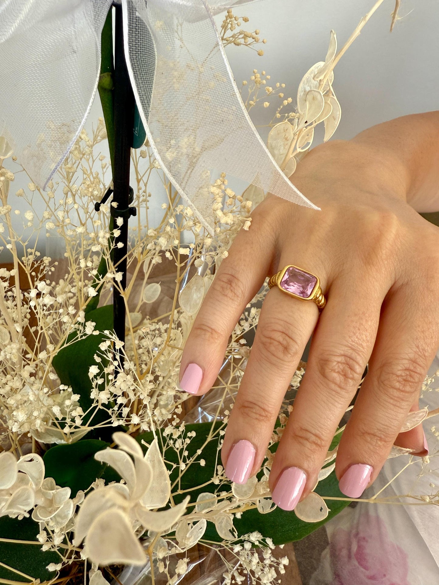 18K Gold Plated Statement Ring: Pink or Green Cubic Zirconia