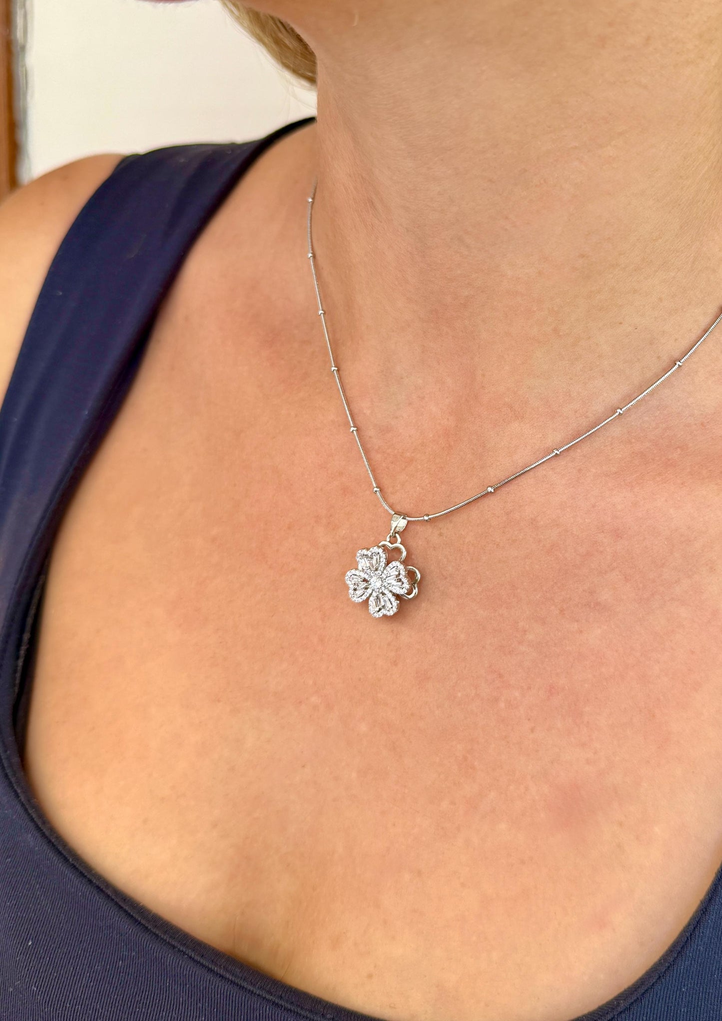 Rotating Four Leaf Clover Necklace: Stainless Steel Lucky Charm