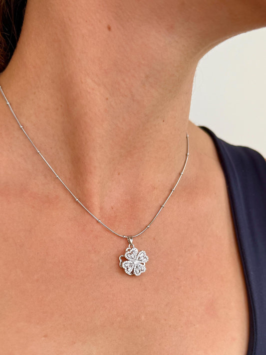 Rotating Four Leaf Clover Necklace: Stainless Steel Lucky Charm