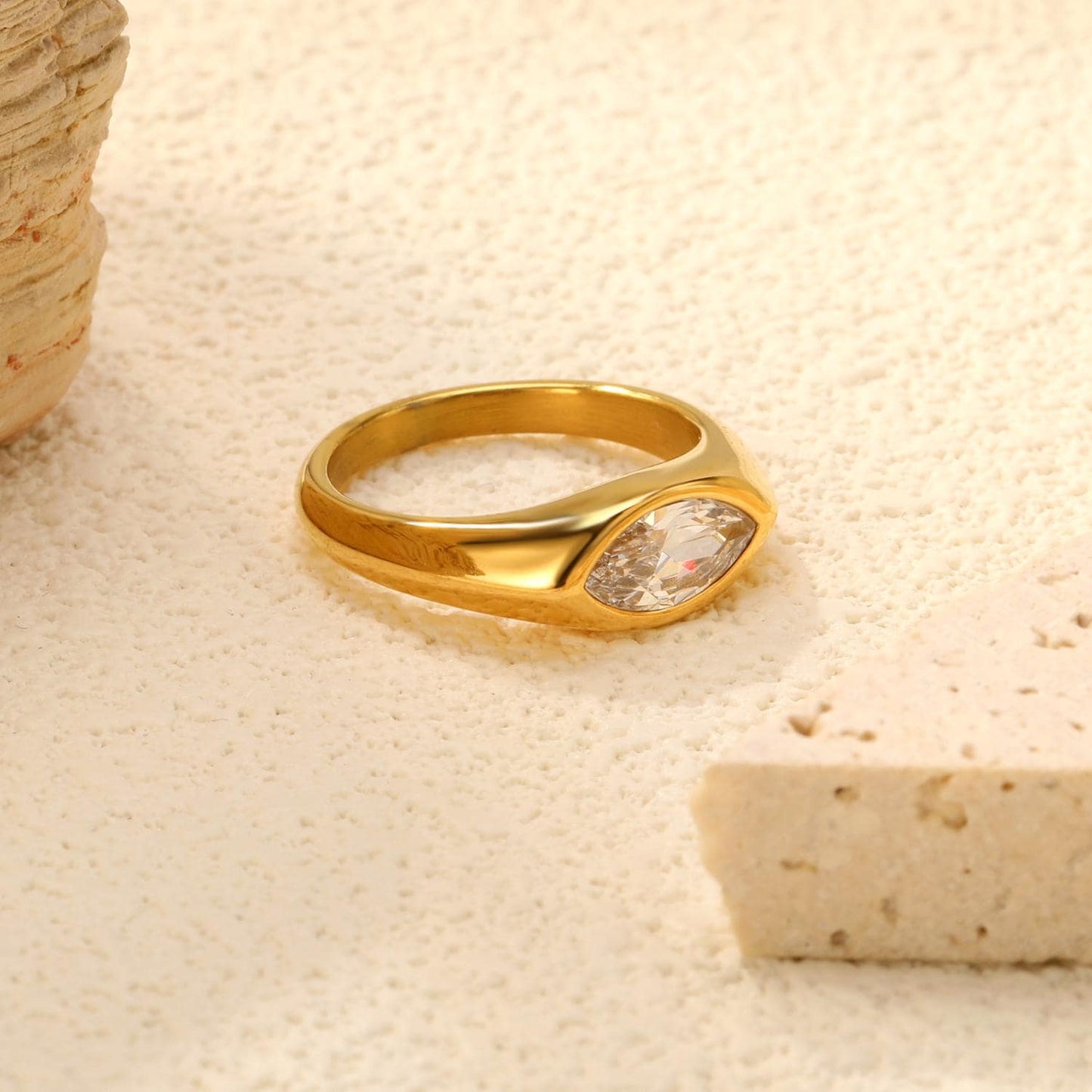18K Gold Plated Crystal Statement Ring: Stainless Steel Band