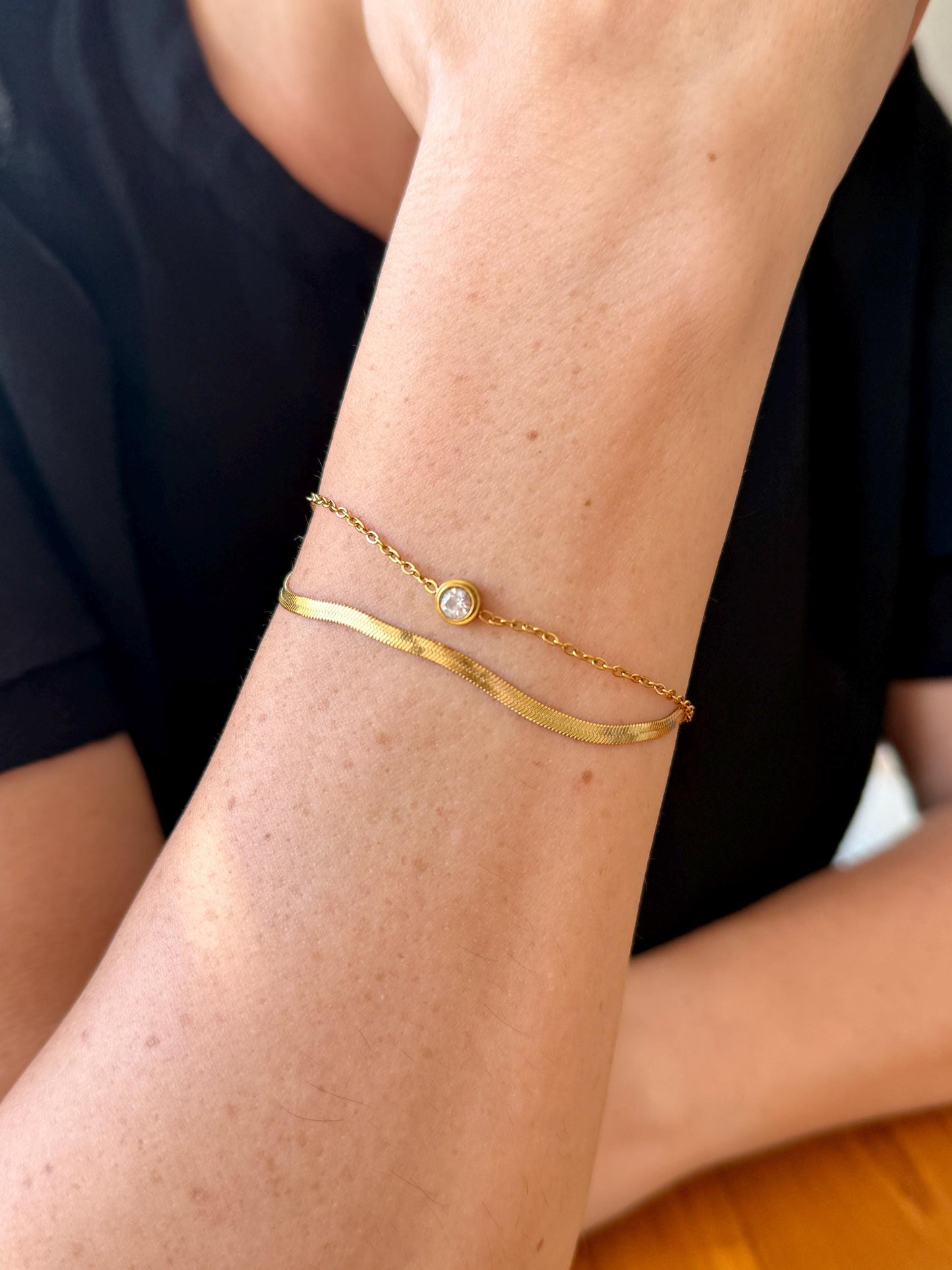 Layered Gold Bracelet: Stainless Steel Double Chain Crystal Charm