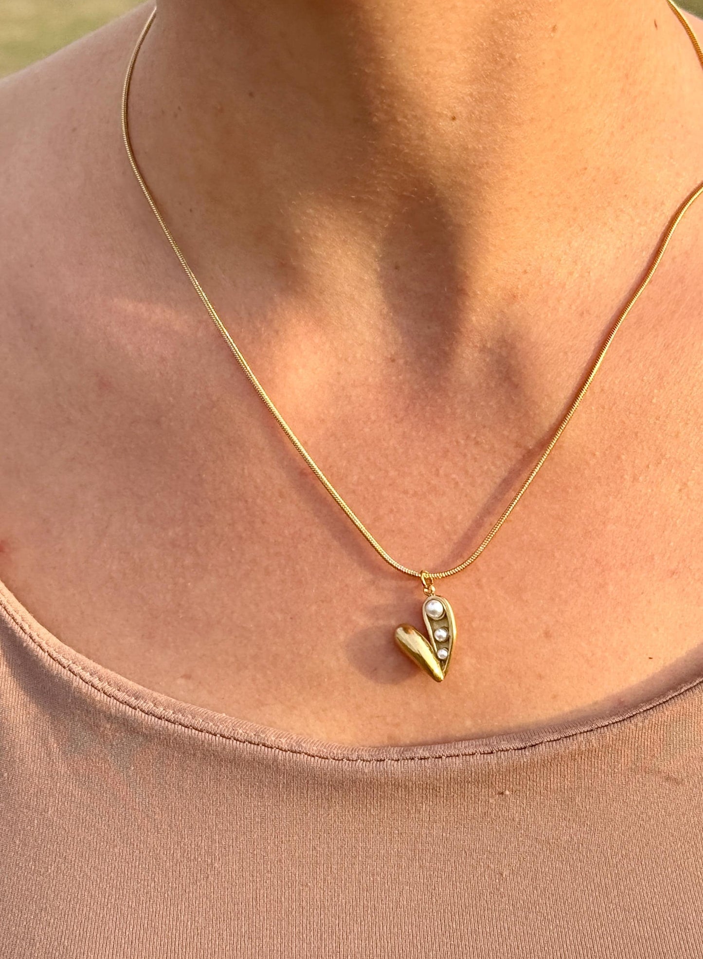 Gold Plated Heart Pendant Necklace: Pearl Accent, Stainless Steel
