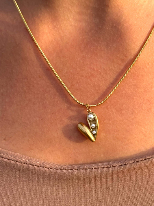 Gold Plated Heart Pendant Necklace: Pearl Accent, Stainless Steel