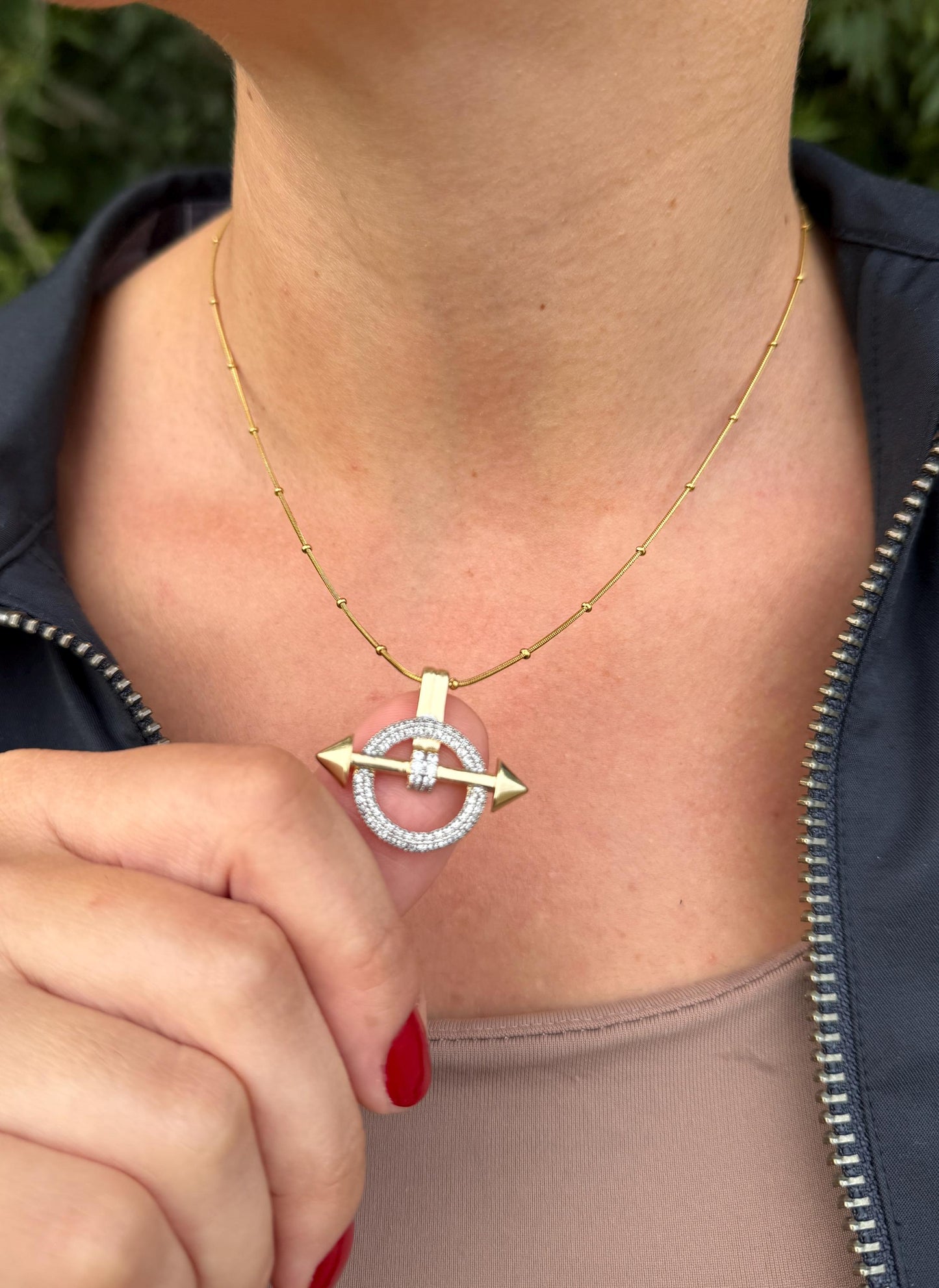 Gold Plated Arrow Pendant Necklace: Pavé Circle Charm, Stainless Steel
