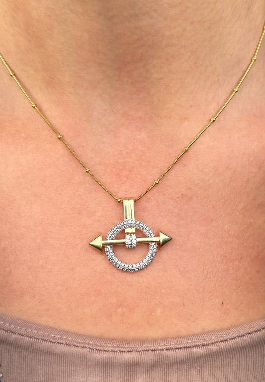 Gold Plated Arrow Pendant Necklace: Pavé Circle Charm, Stainless Steel