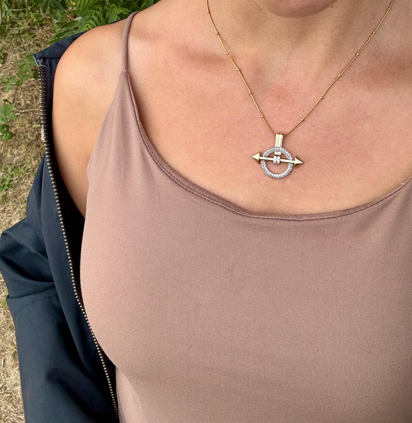 Gold Plated Arrow Pendant Necklace: Pavé Circle Charm, Stainless Steel