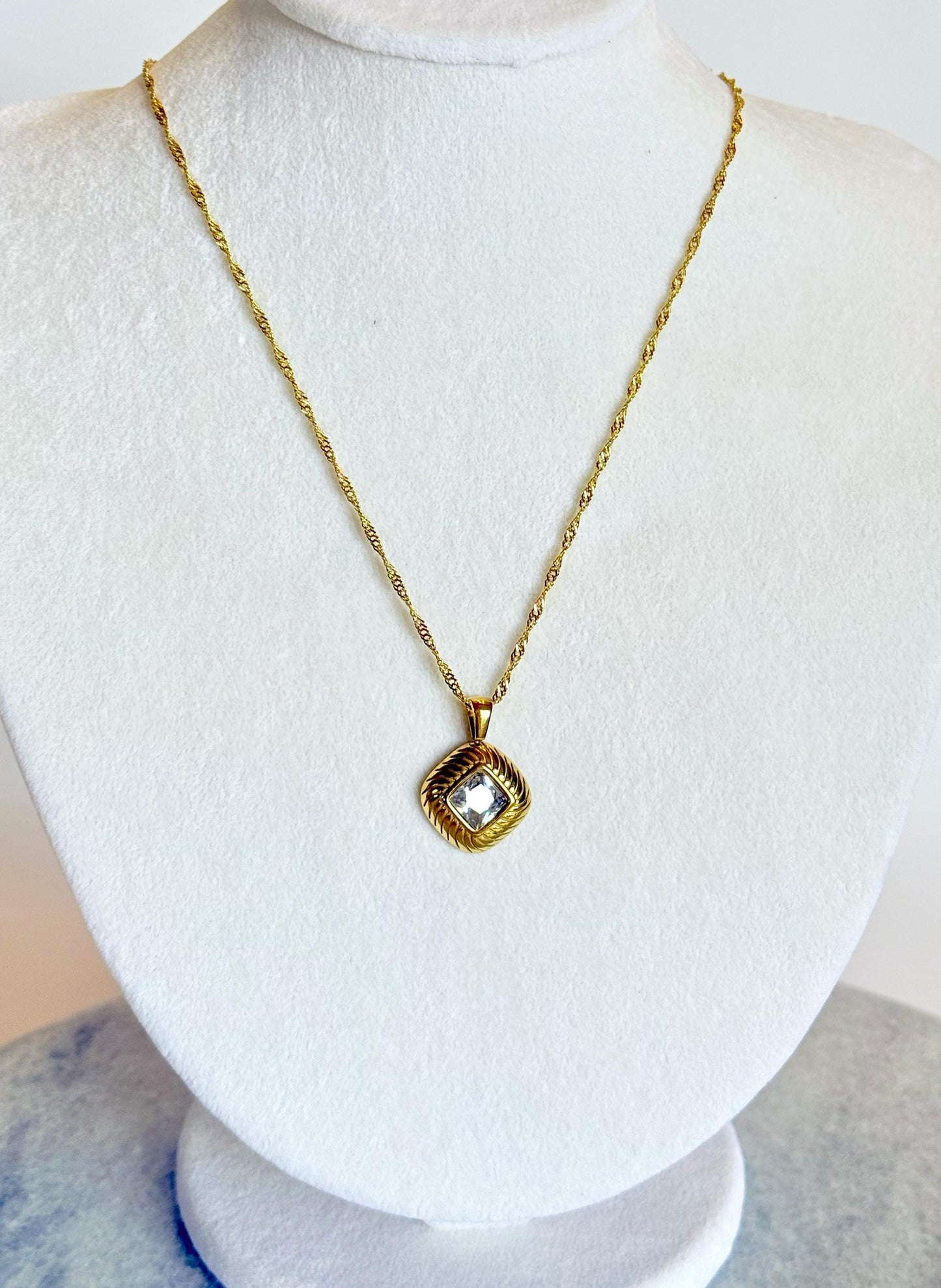 Crystal Square Pendant Chain Necklace